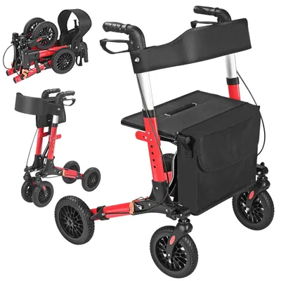 Produktbild von Rollator faltbar mit Sitz und Bremse, 8 kg, höhenverstellbar 78–91 cm, 20 cm Räder, bis 130 kg, Rot