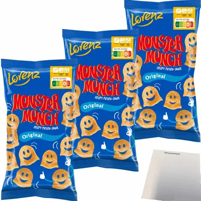 Produktbild von Lorenz Monster Munch Original Kartoffel-Snack 3er Pack (3x75g Tüte) + usy Block