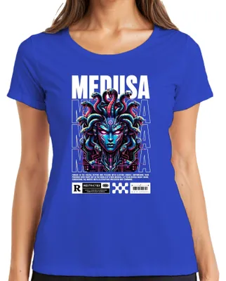 Zdjęcie produktu dla Koszulka damska z motywem Meduzy, węże, cyberpunk, gorgona, neon, mitologia grecka, kolor niebieski, rozmiar M