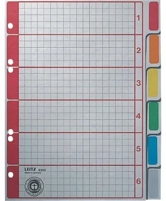 Produktbild von Leitz Kartonregister, DIN A5, 6-teilig, blanko, Rasterdruck auf erstem Blatt, 230g/qm, Karton, farbig, 4-fach Lochung