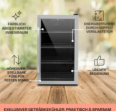 Produktbild von Klarstein Mini Kühlschrank mit Glastür, Mini-Kühlschrank für Zimmer, Getränkekühlschrank Klein mit Verstellbaren Ablagen, Kleiner Kühlschrank 124 Liter, Indoor/Outdoor Kühlschrank Leise