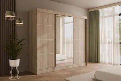 Produktbild von ALTDECOR Kleiderschrank mit Spiegel und Schiebetüren, kugelgelagerte Führungsschienen und Aluminium-Leisten - PAOKI - 250 cm Sonoma
