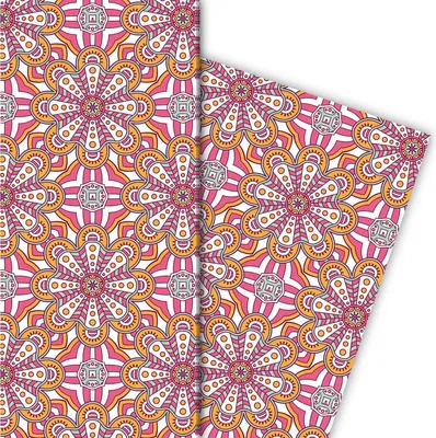 Produktbild von Buntes ethno Geschenkpapier mit Boho Blüten in rosa gelb - G7179, 32 x 48cm