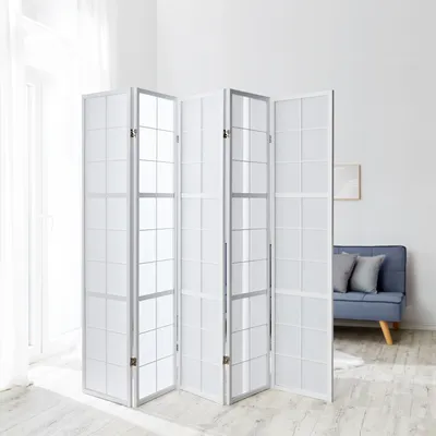 Produktbild von Homestyle4u 439, Paravent Raumteiler 5 teilig, Holz Weiss, Reispapier Weiß, Höhe 175 cm