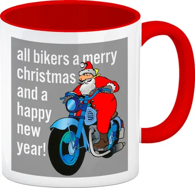 Produktbild von Weihnachten Biker Kaffeebecher Rot mit Weihnachtsmann auf Motorrad in grau