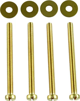 Four brass screws and four brass washers are arranged in two rows against a white background.