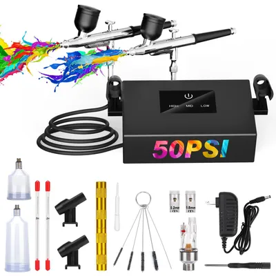 Airbrush-Kit mit Kompressor, Dual-Action, 2 Pistolen, 50 PSI