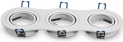 A white, multi-bulb recessed light fixture with blue spring clips.