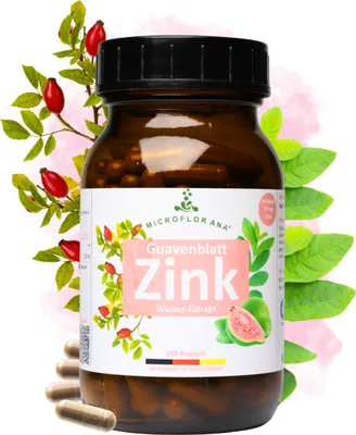 Produktbild von MICROFLORANA® - Zink Kapseln - Pflanzliches Zink -Guavenblatt Zink - 180 Kapseln - 6 Monate Vorrat  - im Braunglas - Natürliches Zink - Zinkkapseln