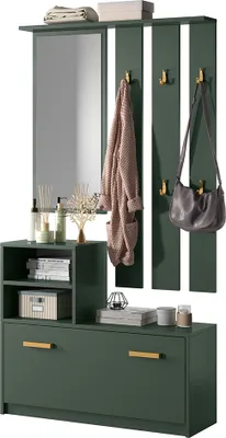 Produktbild von Selsey Yesfir-Flur-Set in Flaschengrün mit Spiegel, Garderobe, Regalen und Schuhschrank