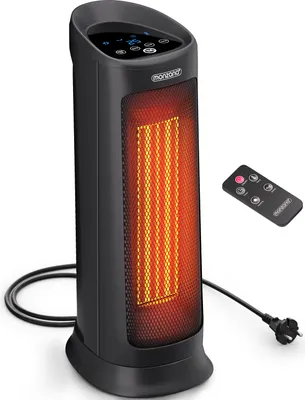 A black electric heater with an orange glowing heating element, shown on a white background with a remote control next to it.