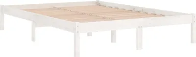 A white wooden bed frame with a slatted base, shown from a slightly elevated side angle against a white background.