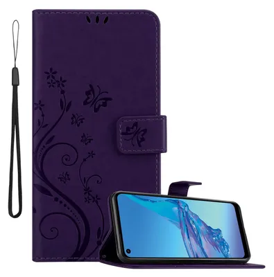 Obrázok produktu pre Kryt Cadorabo pre Oppo A53s in FLORAL DARK PURPLE ochranný kryt v kvetinovom dizajne s magnetickým zapínaním, funkciou stojana a slotmi na karty flipové puzdro kvetinový kryt puzdro s chlopňou na mobilný telefón knižkové puzdro