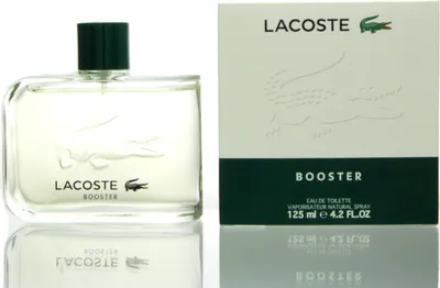 A bottle of Lacoste Booster eau de toilette and its packaging are displayed side-by-side on a white background.