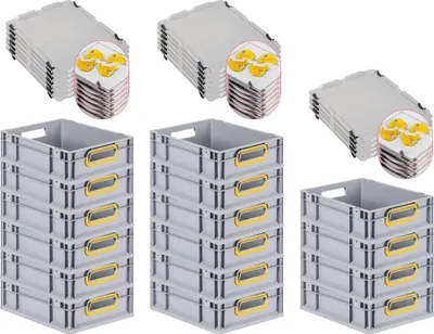 Produktbild von SuperSparSet 16x Eurobox NextGen Color mit Auflagedeckel und Schiebeschnappverschlüsse | HxBxT 12x30x40cm | 11 Liter | Grau | Griffe gelb offen | Glatter Boden | Eurobehälter, Transportbox, Transportbehälter, Stapelbehälter