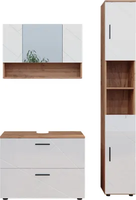 Produktbild von Badmöbel-Set Vicco Irma Weiß Hochglanz/Goldkraft Eiche 3 Teile, mit Spiegelschrank 80 cm, Model 40549