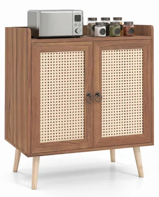 Produktbild von COSTWAY Sideboard Holz, Buffetschrank mit 2 Rattantüren (Braun) | Küchenschrank Kommode, Schrank modern mit Arbeitsplatte, Buffet, 67 x 38 x 77 cm