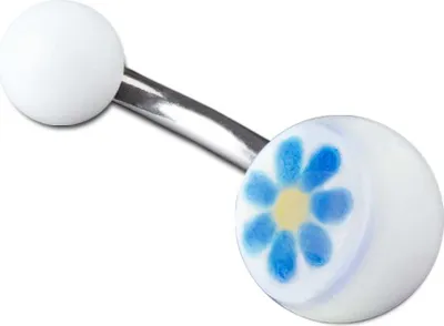 Produktbild von viva-adorno 1 Stück Bauchnabel Piercing Banane 316L Chirurgenstahl Kunststoff Kugeln verschiedene Motive Picture Logo Z382, weiß / Blume blau