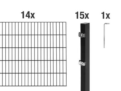 Produktbild von Alberts 628123 Doppelstabmattenzaun als 30 tlg. Zaun-Komplettset, matt schwarz, Höhe 100 cm, Länge 28 m