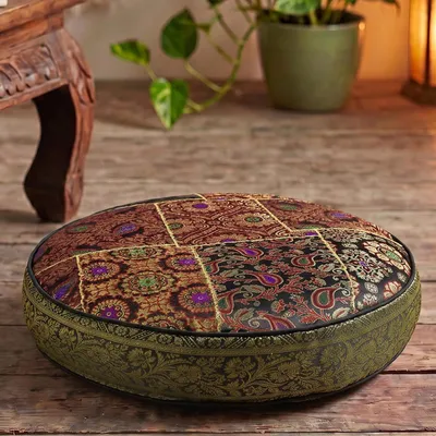 Produktbild von Orientalisches Rundes Patchwork Kissen 40 cm, Sitzkissen, Bodenkissen mit Baumwollfüllung - Braun, Schwarz, Viskose, Zierkissen, Dekokissen, Sofakissen