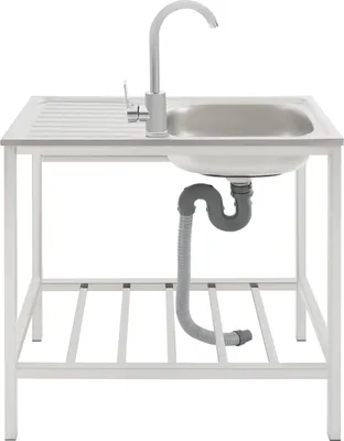 Obrázok produktu pre Užitkové umývadlo – voľne stojace umývadlo s pracovnou doskou a odkladacou plochou – 75 × 40 × 75 cm – 360° batéria – nerezová oceľ – nosnosť 30 kg – umývadlo 35 × 31 × 13 cm – strieborná farba