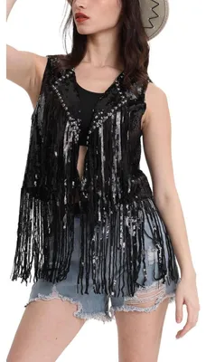 Immagine prodotto di Gilet da donna, paillettes, frange, senza maniche, cardigan, colore nero, taglia M