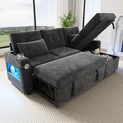 Produktbild von Merax Ecksofa Schlafsofa mit Schlaffunktion, L-förmiger Sofa mit Stauraum, Einzel-Chaiselongue, Getränkehalter, USB/LED-Beleuchtung, Bettsofa, Grau