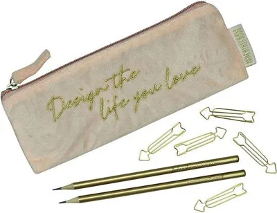 Produktbild von Veloutierte Pencil-Tasche mit Motivationszitat, 2 Stiften und 5 Goldpapierklammern | Ideal für Universität und Schule | Set 3