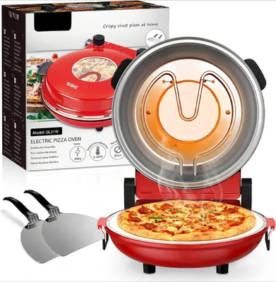 Produktbild von Elektrischer Pizzaofen - Tischgerät - Einstellbare Temperatur - Timer - Pizzastein - 1200 W 220 V - EU-Stecker - Rot