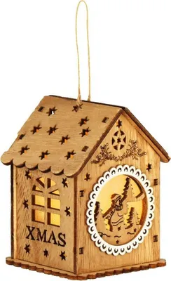 Obrázek produktu pro Dřevěný domeček se sněhulákem svítící 6,5x9 cm, vánoční ozdoba