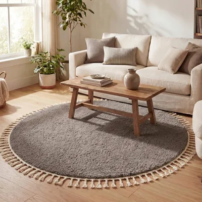 Produktbild von Volero - Teppich Hochflor Rund - Lofty Fringe Taupe - Ø 100 cm - Wohnzimmer, Esszimmer, Schlafzimmer - Ländlich, Modern, Skandinavisch