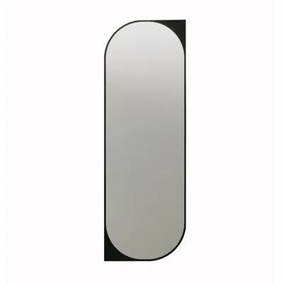 A tall, narrow mirror with rounded top corners and a black frame, set against a white background.