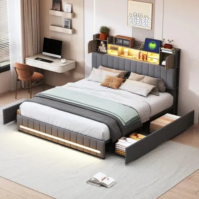 Obrázek produktu pro Postel pro dva – Postel s úložným prostorem – LED postel – Postel s zásuvkami – Postel s úložným prostorem pro prádlo – Rozměry 140x190 cm