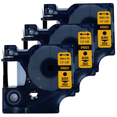 Produktbild von DULA Etikettenband - Kompatibel mit Dymo D1 45023 - 3 Stück - Schwarz auf gold - 12mm x 7m