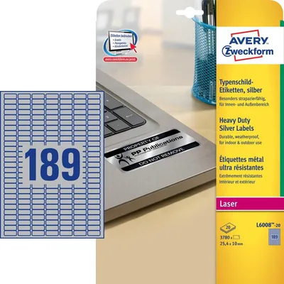 Image de Avery L6008-20 étiquette à imprimer Argent Imprimante d'étiquette adhésive