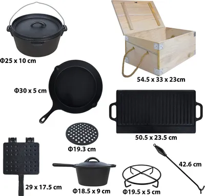 Obrázek produktu pro ACXIN Holandská trouba Set 11dílná dřevěná krabice na vaření hrnec grilovací deska pánev BBQ vafle litinový hrnec na vaření s hrncem na vaření grilovací deska pánev víko zvedák