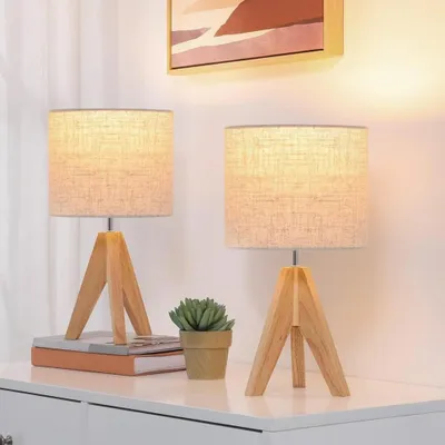 Produktbild von EDISHINE 2er Set Nachttischlampe aus Holz, Stativ Tischlampe E27 Fassung, vintage beiger Lampenschirm aus Leinen, für Deko Schlafzimmer, Wohnzimmer, Geschenk