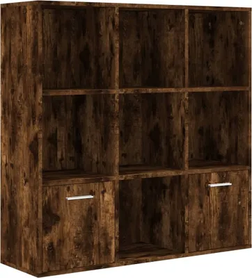 A brown wooden bookshelf with nine compartments, two of which have drawers with silver handles.