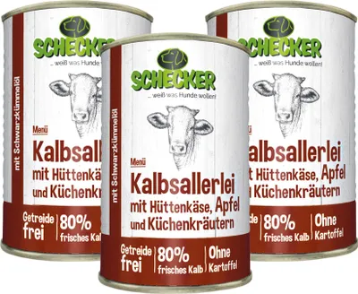 Produktbild von 3 x 410 g - Schecker Hundemenü mit 80% Kalb mit Hüttenkäse, Apfel mit Schwarzkümmelöl - Nassfutter