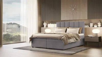 Produktbild von PREDAJ LEADER skriňová posteľ BERLIN 200x200 cm čalúnená posteľ s dvoma zásuvkami, kompletná súprava s matracom a topperom (4 cm), sivá, posteľná látka JASMINE 90