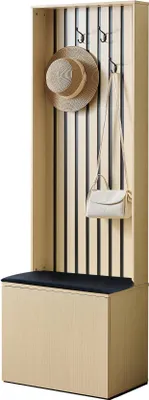 Productafbeelding van Garderobeset: Wandgarderobe met 1 draaideur en 4 haken. Entreegarderobeset: Garderobekast met schoenenbank, 61x35x179,5 cm, houtkleur, modelnummer HNDE018