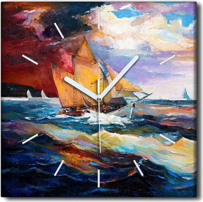 Produktbild von Coloray Uhr auf Leinwand 30x30 cm Wand Uhr Dekoration Wohnzimmer Segeltuch weiße Zeiger -Meeresschiffwellen