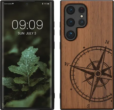 Produktbild von kwmobile Hülle kompatibel mit Samsung Galaxy S24 Ultra Hülle - Holz Case - Handy Cover - TPU Handyhülle in Dunkelbraun Kompass Vintage