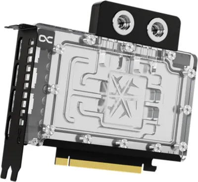 A close-up, angled view of a computer graphics card water block.