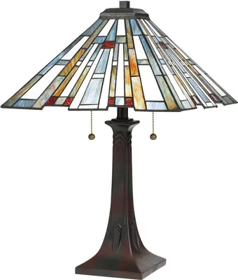 Produktbild von Nachttischleuchte Metall Glas 62,9 cm in Bronze Antik Bunt 2-flammig Tiffany Stil Tischlampe