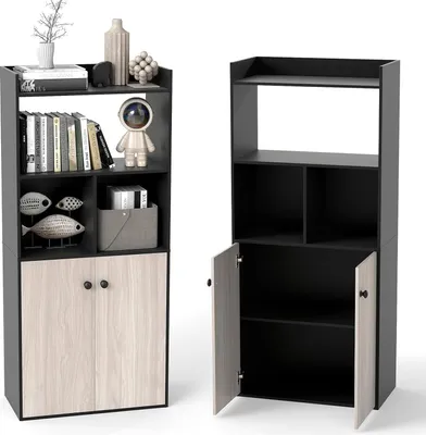 Produktbild von KOMFOTTEU Bücherregal aus Holz mit Türen, Wohnzimmerschrank Aufbewahrungssäule mit 2 offenen Regalen, Aufbewahrungsregal Aktenregal Standregal 60 x 30 x 140 cm