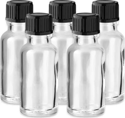 Produktbild von 5x Klare Glasflasche 20 ml mit schwarzem Kunststoff Schraubverschluss