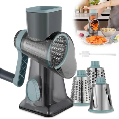 Produktbild von Käsereibe mit Kurbel, Gemüseschneider 3 Edelstahl Austauschbaren Trommeln Klingen, Ideal für Gurken, Käse Nüsse, Karotten usw
