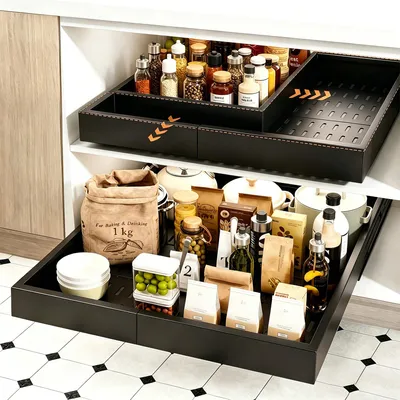 Ausziehbare Küchenschublade 2er-Set, verstellbar 30-48 cm breit, schwarz