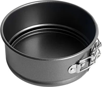 A close-up view of a round, non-stick springform cake pan.